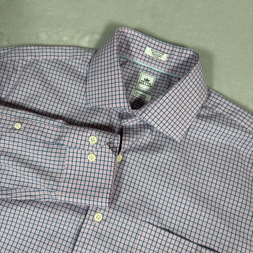 Peter Millar Men's Large/ 16.5 Cotton Pink/Blue Checkered Long Sleeve Button Up